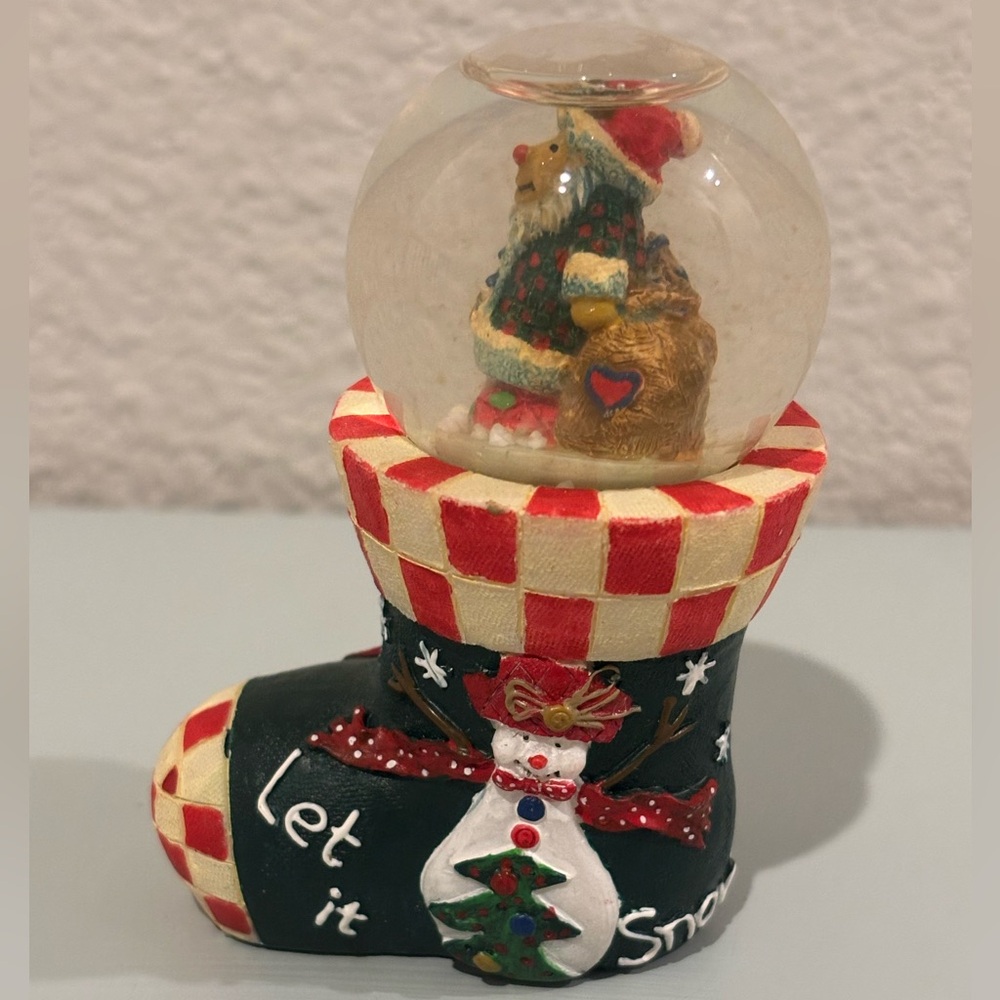Mini “let it snow” Christmas stocking snow globe, 4”, reindeer Santa, snowman